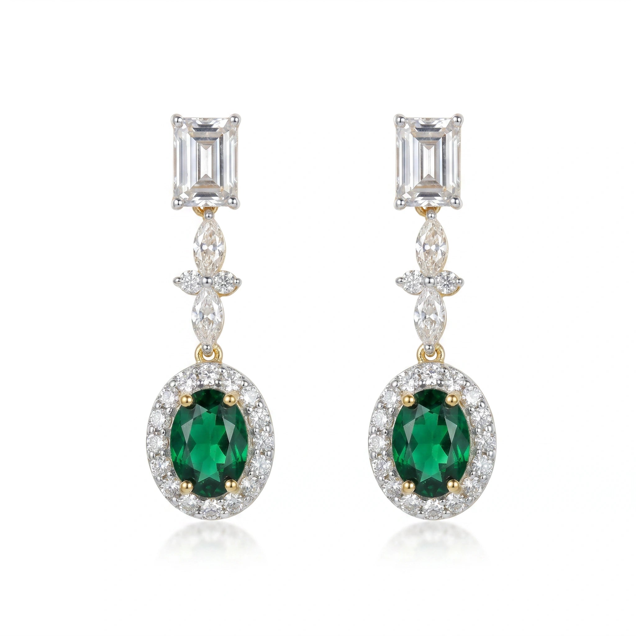 Gold Emerald Halo Drop Earrings