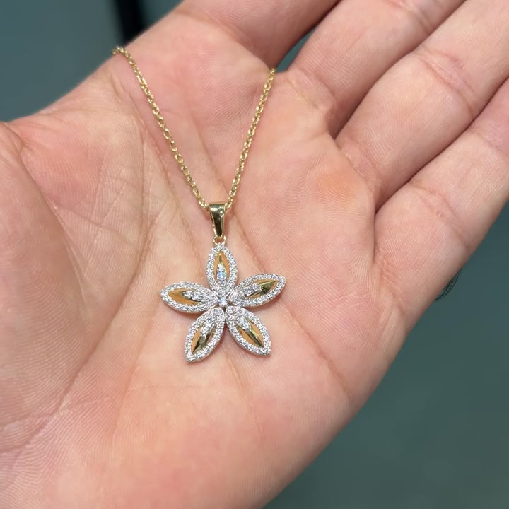 Gold Five Petal CZ Floral Pendant