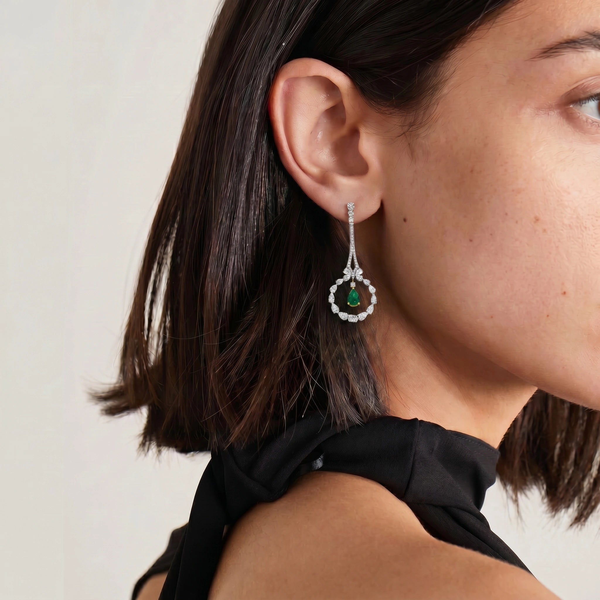 Silver Emerald Halo Drop Earrings